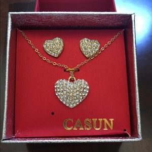 Casun Pave Crystal Puffy Heart Necklace & Earrings